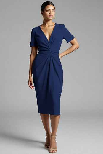 Tahiti Bodycon V-Neck Midi Satin Work Dress with Sleeves