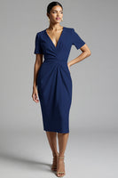 Load image into Gallery viewer, Champagne Bodycon V-Neck Midi Satin Work Dress with Sleeves