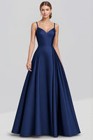 Load image into Gallery viewer, Black A Line Satin Spaghetti Straps Long Formal Dress