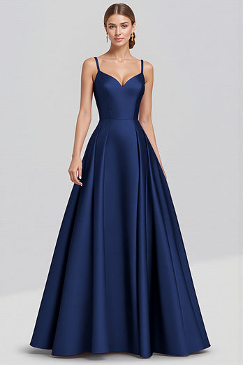 Black A Line Satin Spaghetti Straps Long Formal Dress