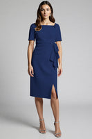 Load image into Gallery viewer, Champagne Bodycon Ruffled Midi Satin Work Dress with Slit