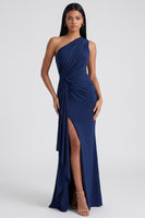 Load image into Gallery viewer, Burgundy One Shoulder Ruched Long Mermaid Formal Dress with Ruffles