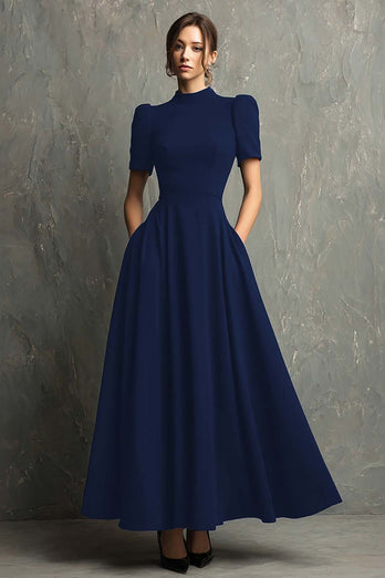 Elegant Black A-Line High Neck Short Sleeves Long Formal Dress with Pockets