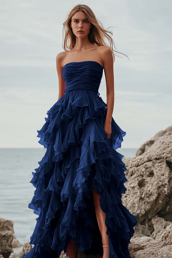 Fuchsia Tulle A Line Tiered Ruched Long Formal Dress