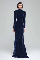 Load image into Gallery viewer, Black Velvet High Neck Mermaid Maxi Holiday Party Dress with Lace