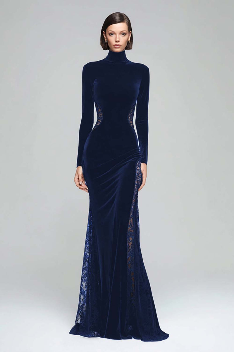 Load image into Gallery viewer, Black Velvet High Neck Mermaid Maxi Holiday Party Dress with Lace