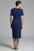 Load image into Gallery viewer, Champagne Bodycon V-Neck Midi Satin Work Dress with Sleeves