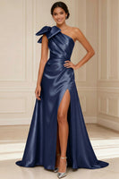 Load image into Gallery viewer, Silver Satin One Shoulder A Line Long Mother of the Bride Dress with Bow