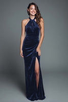 Load image into Gallery viewer, Burgundy Halter Velvet Mermaid Ruched Long Holiday Party Dress with Slit
