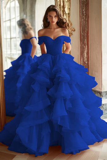 Pink Ball Gown A Line Tulle Off the Shoulder Tiered Long Quinceanera Dress with Ruffles