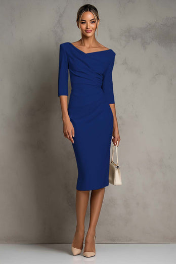 Simple Ivory Ruched Pencil Half Sleeves Midi Work Dress with Slit