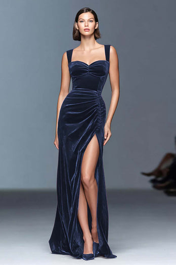 Burgundy Ruched Velvet Long Holiday Party Dress with Slit