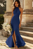 Load image into Gallery viewer, Queendancer Women Dark Navy Sheath Chiffon Maxi Bridesmaid Dress with Slit Pleated Halter Long Weeding Guest Dress