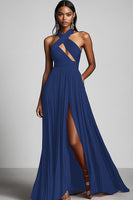 Load image into Gallery viewer, Black A Line Pleated Halter Neck Formal Dress with Slit