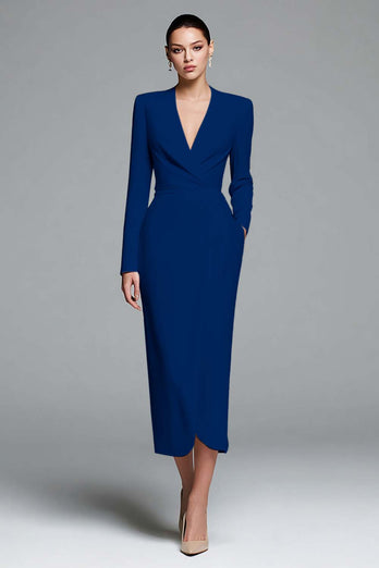 Dusty Rose Sheath Satin V-Neck Ruched Long Sleeves Work Dress