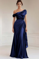 Load image into Gallery viewer, Grey Blue Asymmetrical Satin Ruched Mother of the Bride Dress