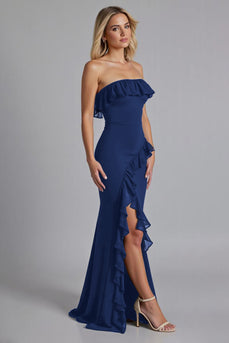 Chiffon Burgundy Ruffled Sheath Long Formal Dress with Slit