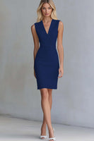 Load image into Gallery viewer, Queendancer Women Ivory Satin Short Work Dress Bodycon V-Neck Sleeveless Semi Formal Dress