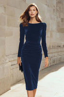 Load image into Gallery viewer, Dark Green Bodycon Velvet Boat Neck Midi Holiday Party Dress with Sleeves