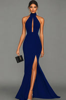 Load image into Gallery viewer, Black Satin Mermaid High Neck Keyhole Long Formal Dress with Slit