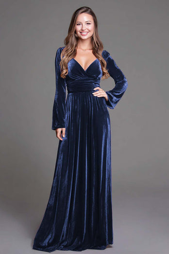 Burgundy Velvet A-Line V-Neck Long Sleeves Holiday Party Dress