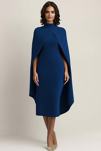 Royal Blue Sheath High Neck Long Formal Dress with Shawl