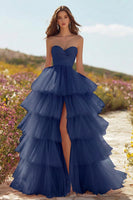 Load image into Gallery viewer, Pink Tulle Ruffled Long Prom Dress with Slit