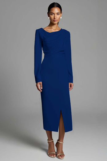 Ivory Sheath Ruched Long Sleeves Work Dress with Slit