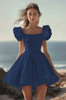 Load image into Gallery viewer, White Satin Mini Graduation Dress with Ruffles