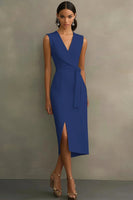 Load image into Gallery viewer, White Bodycon Satin V-Neck Mid-Calf Semi Formal Dress with Slit