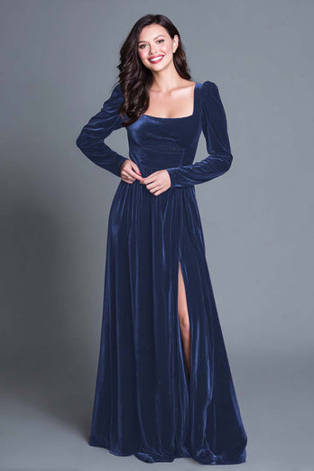 Burgundy Velvet Square Neck Long Sleeves Holiday Party Dress with Slit