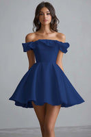 Load image into Gallery viewer, Dusty Blue A Line Off the Shoulder Satin Mini Graduation Dress with Ruffles