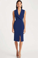 Load image into Gallery viewer, Queendancer Women Sky Blue Bodycon Work Blazer Dress with Slit Satin Sleeveless Shawl Lapel Midi Semi Formal Dress