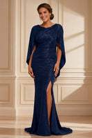 Load image into Gallery viewer, Burgundy Boat Neck Mermaid Long Mother of the Bride Dress with Slit