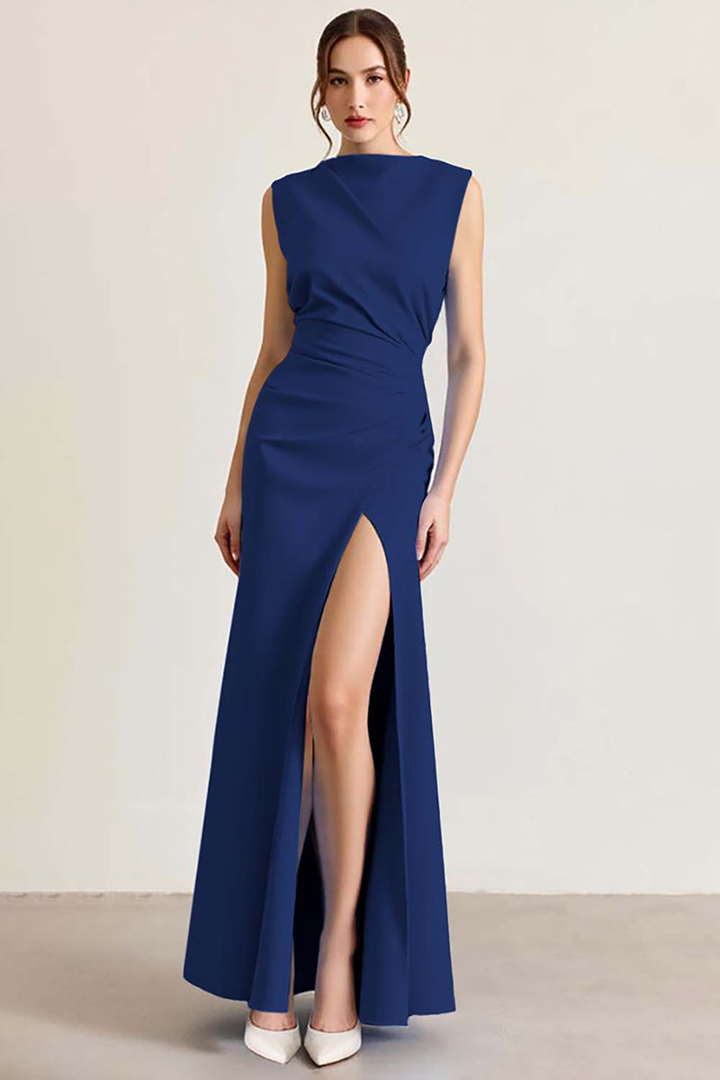 Load image into Gallery viewer, Queendancer Women Sky Blue Ruched Long Formal Dress with Slit Sheath Sleeveless Prom Dress