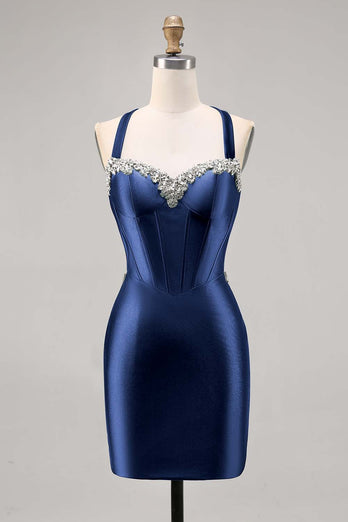 Sparkly Dark Green Satin Corset Tight Short Homecoming Dress with Beading