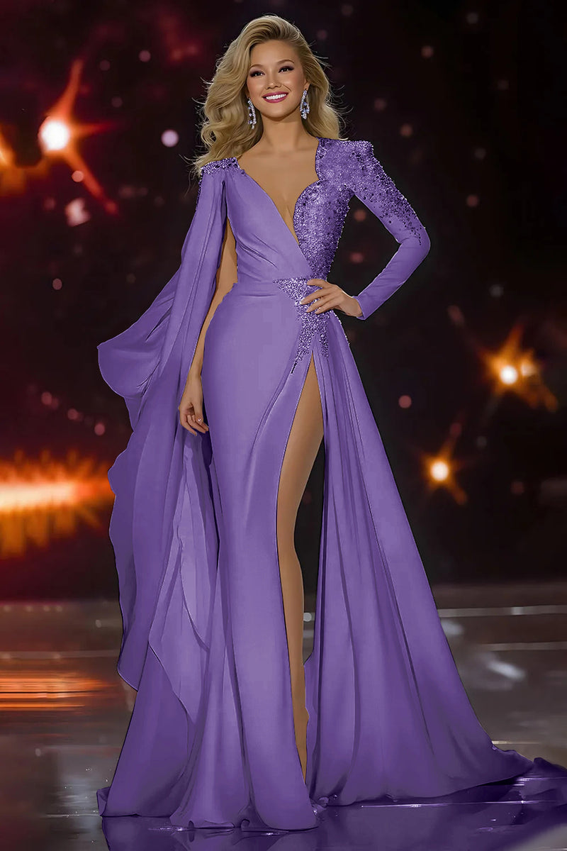 Load image into Gallery viewer, Sparkly White Mermaid Ruched Long Sleeves Pageant Dress with Slit