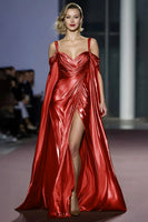 Load image into Gallery viewer, Golden Metallic A Line Cold Shoulder Long Gala Dress with Slit