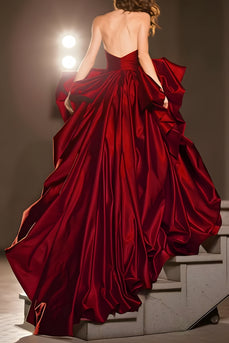 Dark Red A Line Satin Ruffled Sweetheart Ball Gown Long Pageant Dress with Slit
