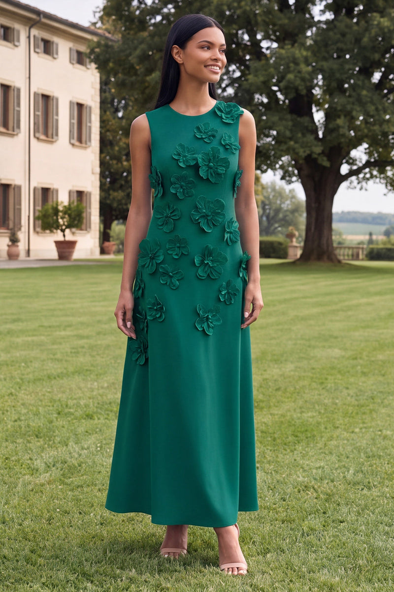 Load image into Gallery viewer, Hot Pink Round Neck A Line Floral Maxi Formal Dress