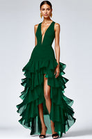 Load image into Gallery viewer, Black Ruffled Deep V-Neck A Line Long Formal Dress with Slit