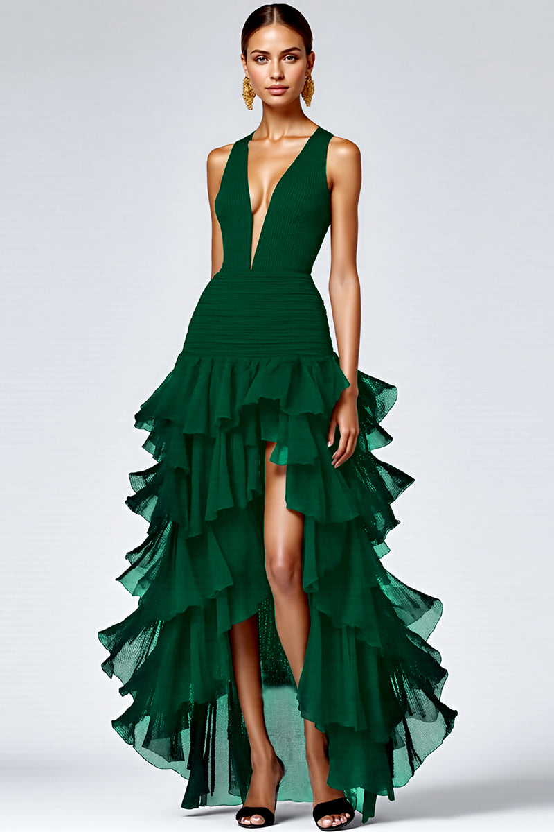 Load image into Gallery viewer, Black Ruffled Deep V-Neck A Line Long Formal Dress with Slit