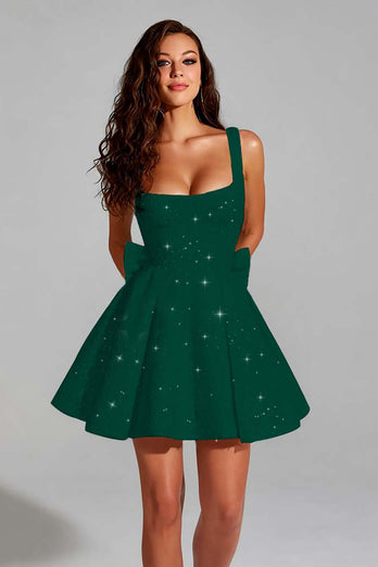 Sparkly Royal Blue A Line Square Neck Sequins Short Homecoming Dress with Bow