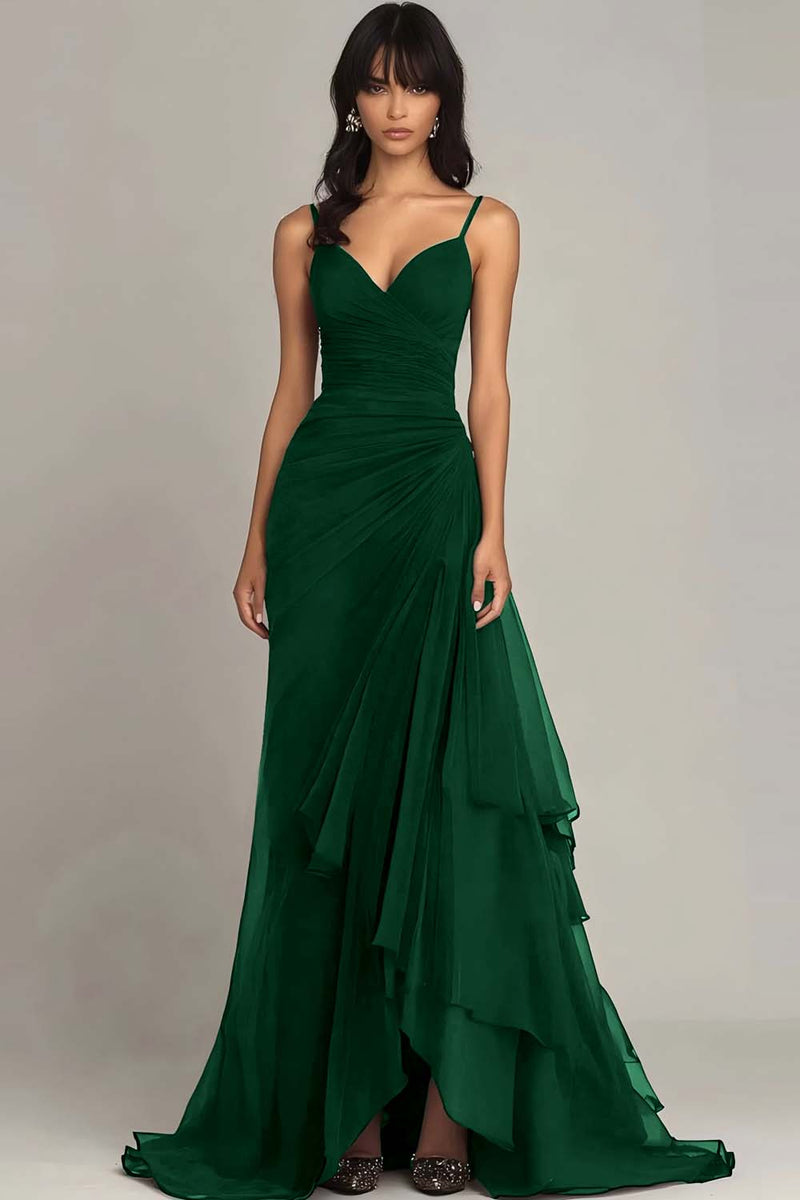 Load image into Gallery viewer, Dark Brown Spaghetti Straps Chiffon Ruffled Long Formal Dress