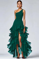 Load image into Gallery viewer, Queendancer Women Black Organza High Low Formal Dress with Ruffles A Line Tiered One Shoulder Black Tie Dress