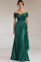 Load image into Gallery viewer, Grey Blue Off the Shoulder Sheath Satin Long Formal Dress