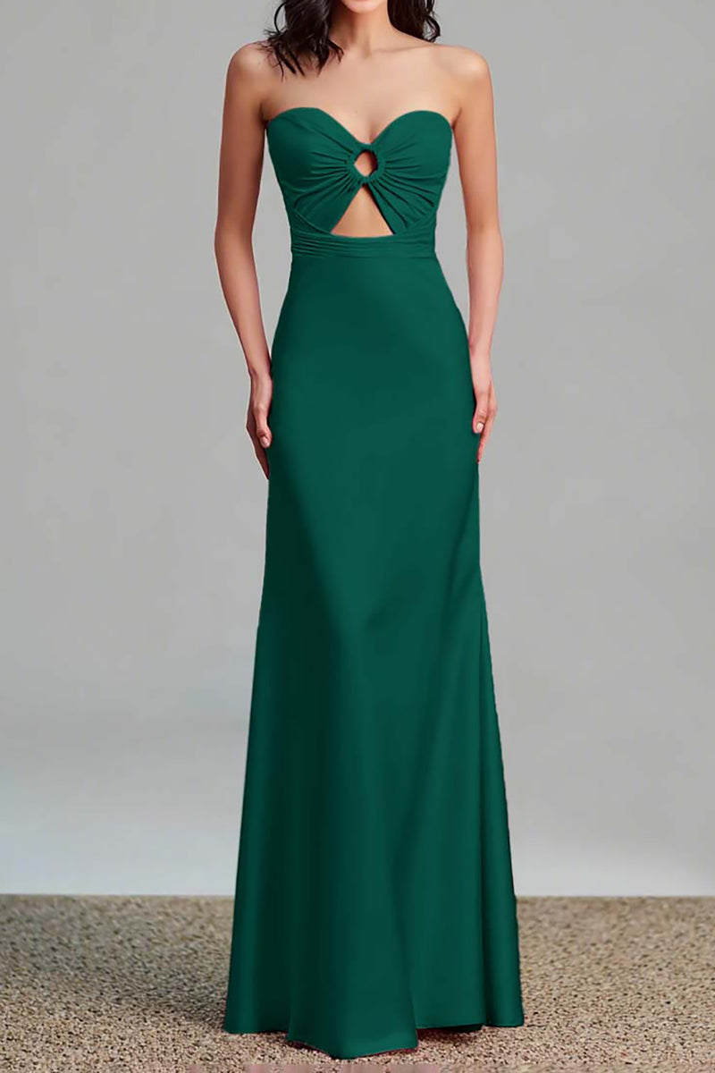 Load image into Gallery viewer, Pink Satin Sheath Ruched Strapless Long Formal Dress with Keyhole