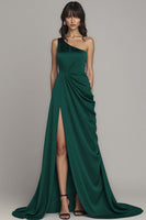 Load image into Gallery viewer, Black One Shoulder A Line Satin Long Formal Dress with Slit