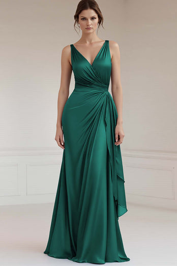Grey Blue Sheath V-Neck Ruched Long Satin Formal Dress