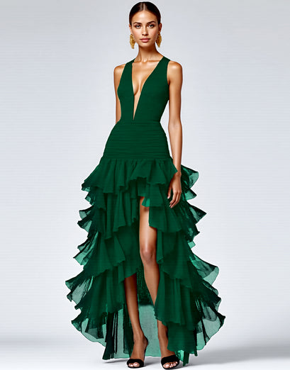 A Line Royal Blue Sleeveless V-Neck Tiered Long Formal Dress with Slit